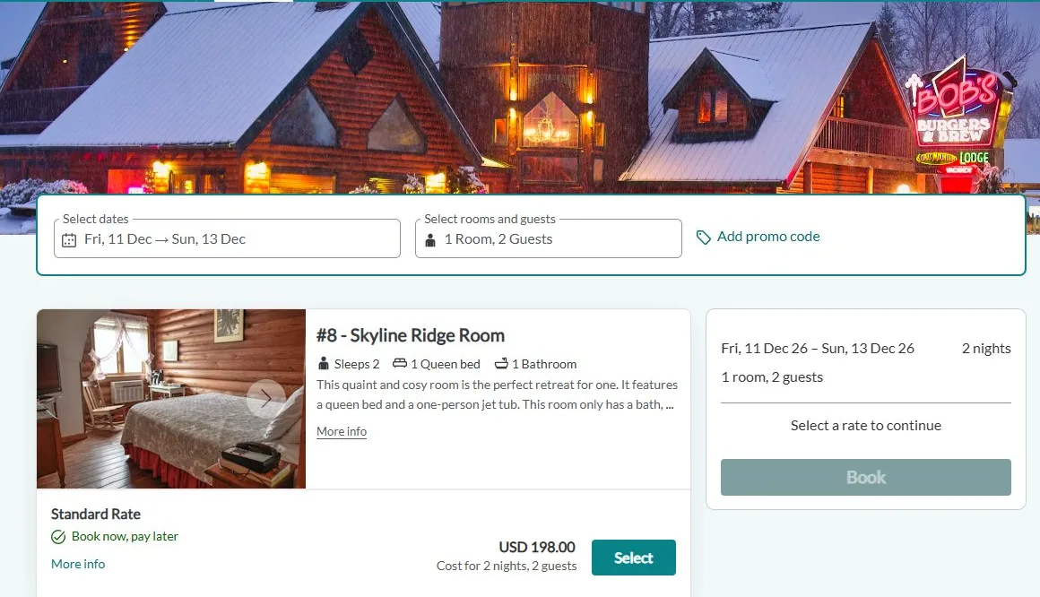 The lodge’s current SiteMinder booking engine showing dates, guests and available rooms