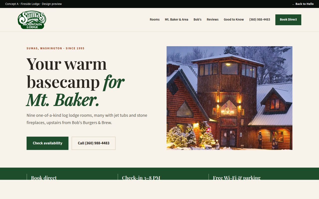 Fireside Lodge concept with a cream split hero, serif headline and a snowy evening photo of the log lodge