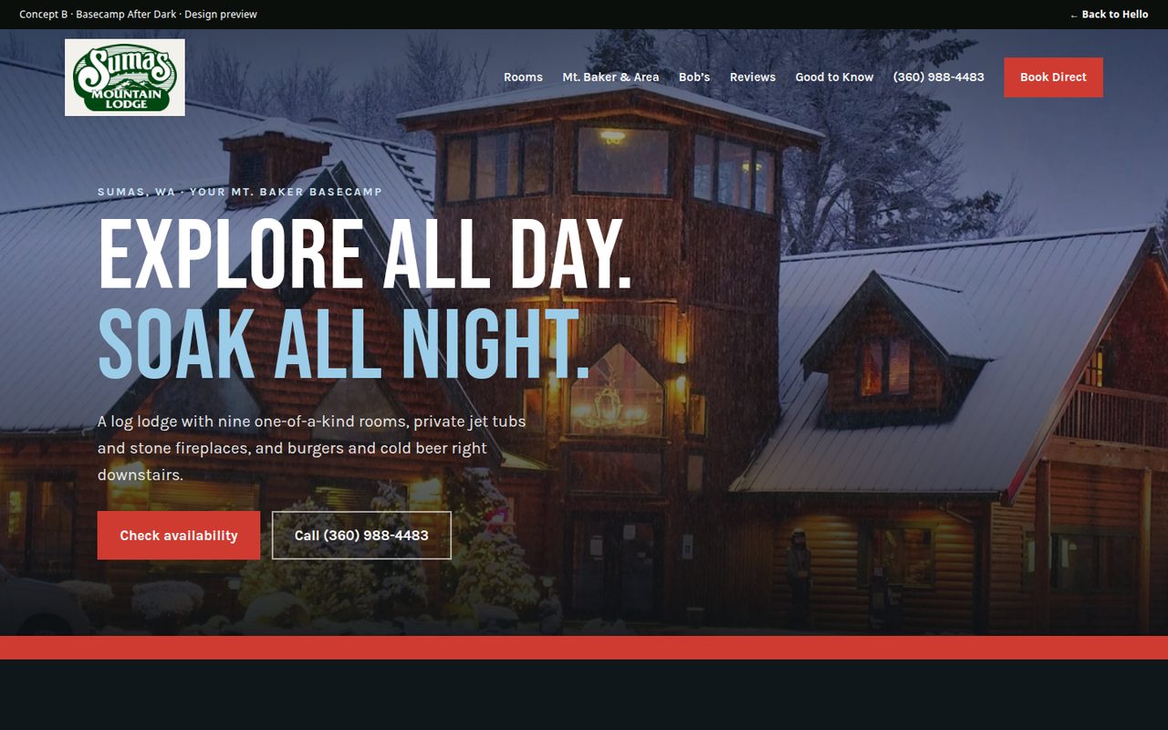 Basecamp After Dark concept with a full-width night photo of the snowy lodge and bold condensed headline